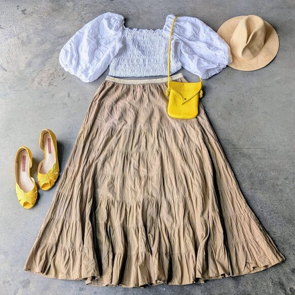 Roxy Brown Tiered Flowy A-Line Boho Festival Maxi Skirt large - Picture 1 of 7